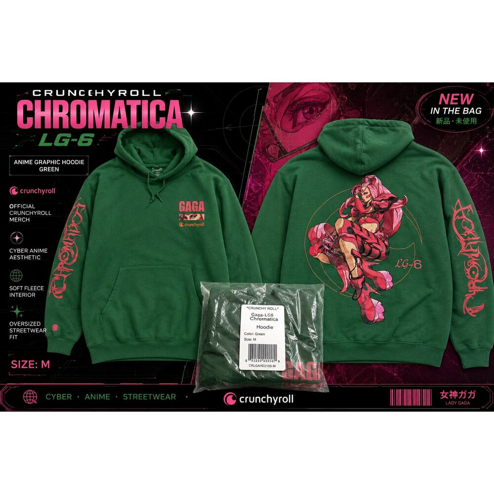 NIB Crunchyroll Lady Gaga Chromatica LG-6 Anime Graphic Hoodie Green Medium